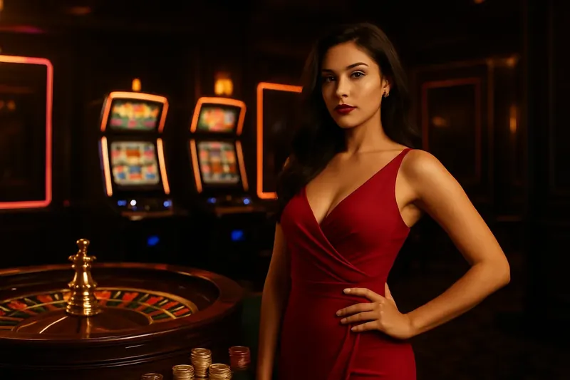 Beautiful woman in red dress standing near roulette and slot machines in luxury Bangladesh casino with neon lights and gold coins