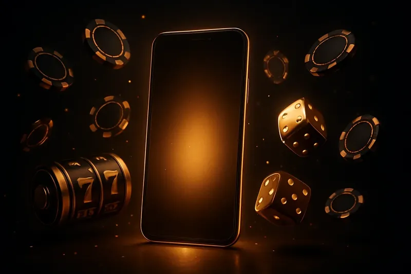 Glowing smartphone surrounded by casino chips, slot reels, and dice on a dark luxurious background